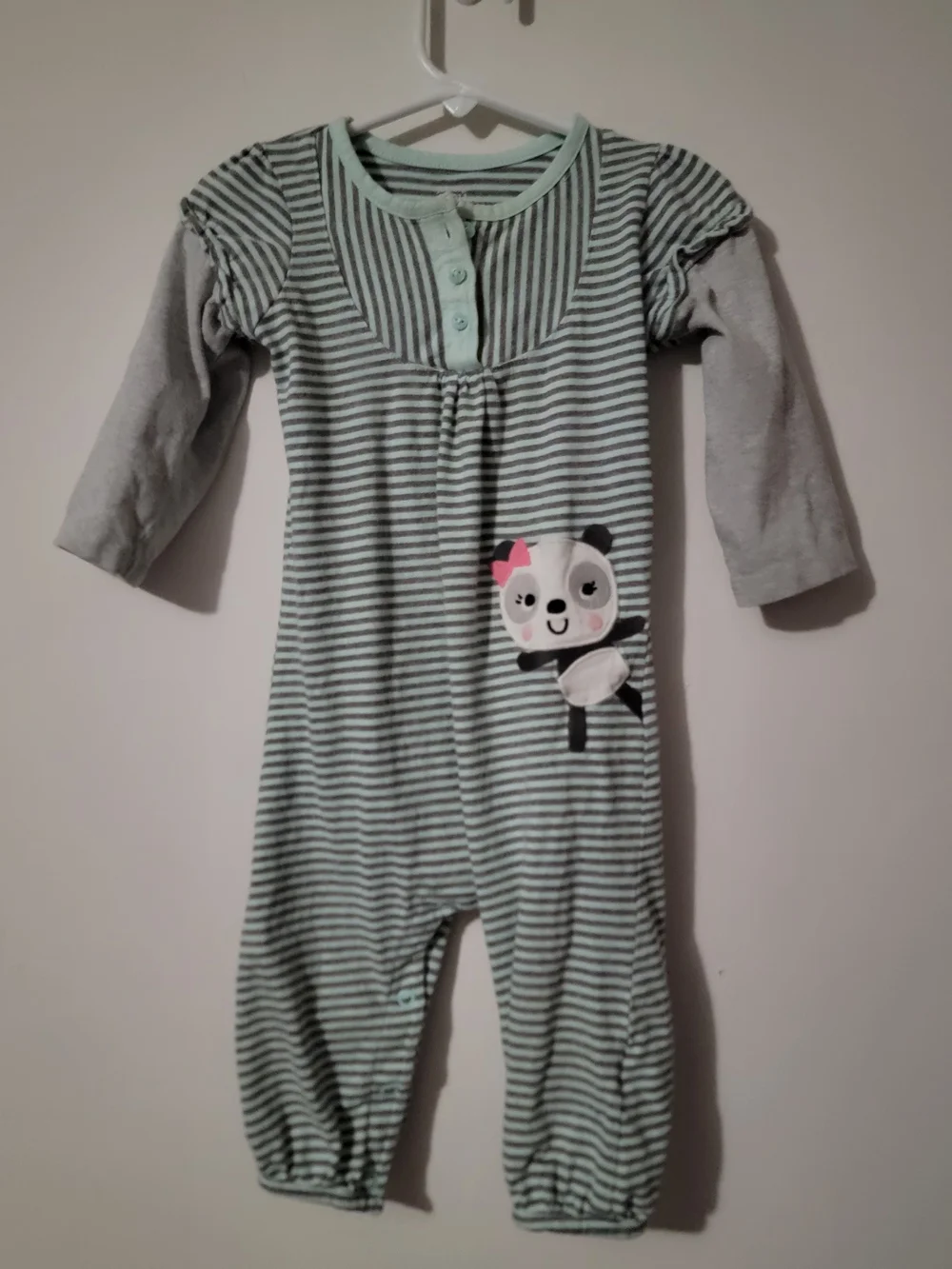 Striped Mint and Gray Baby One-Piece with Panda Appliqué